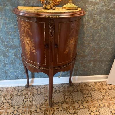 French Fruit Wood Inlay with Marble Top Demilune Side Tables (2)