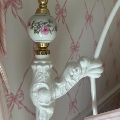 White Heart Design Metal Bed Frame with Ceramic Floral Accents