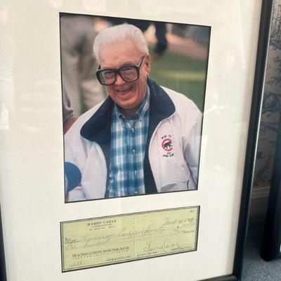 Harry Caray Photograph & Signed Check, Framed Matted