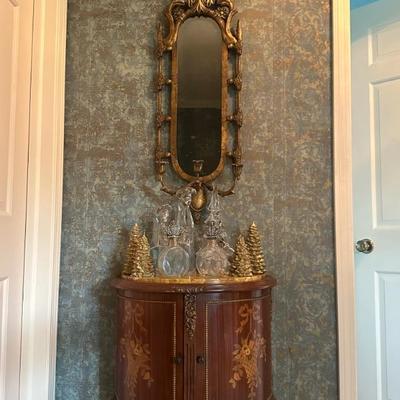 French Fruit Wood Inlay with Marble Top Demilune Side Tables (2), Uttermost Mirror