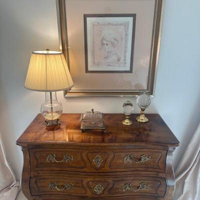 Henredon Bombay Bachelor Chest, Edna Hibel Lithograph, Etched Crystal Lamp & Glass Eggs