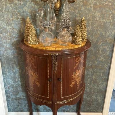 French Fruit Wood Inlay with Marble Top Demilune Side Tables (2), 