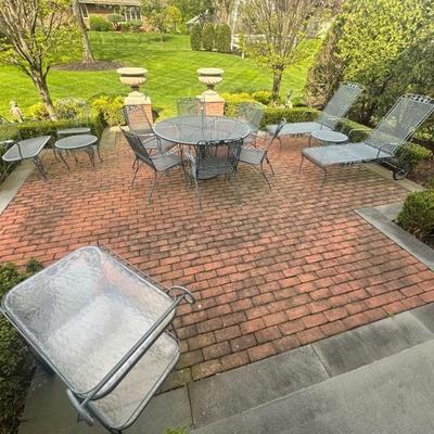 Woodard Patio Sets; Table with Chairs, Bench, Side Tables, Chaise Lounge Chairs (two), Bar Cart