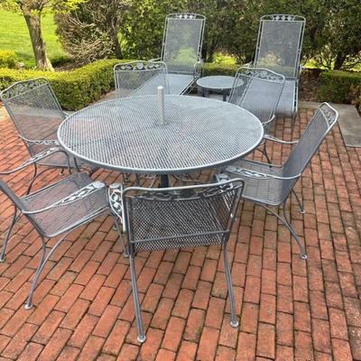 Woodard Patio Sets; Table with Chairs, Bench, Side Tables, Chaise Lounge Chairs (two), Bar Cart