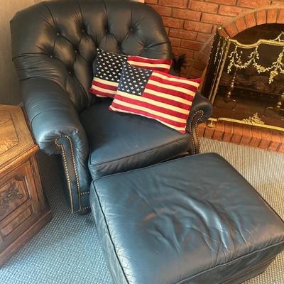 Hancock & Moore Blue Leather Chair and Ottoman