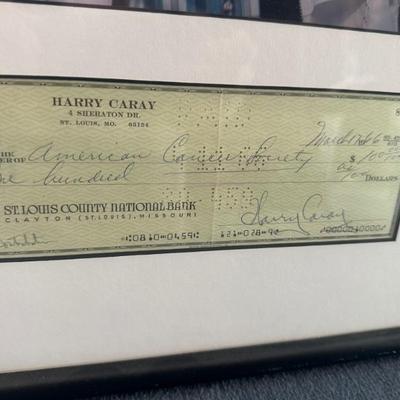 Harry Caray Photograph & Signed Check, Framed Matted