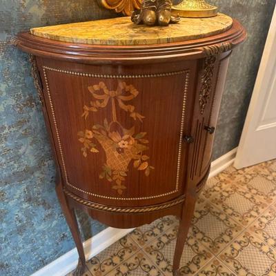 French Fruit Wood Inlay with Marble Top Demilune Side Tables (2)