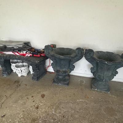 Stone Bench & Two Stone Planters