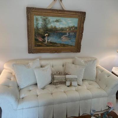 Henredon Ivory Tufted Sofa & EJ Cygne Original Oil On Canvas