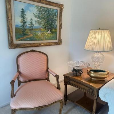 Baker Arm Chair, Alanta Krawor Oil On Canvas, Weiman Inlaid Wood Side Table