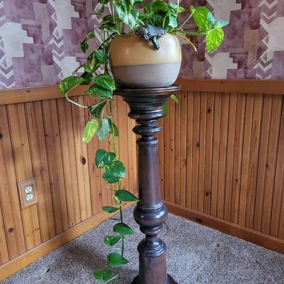 Plant Stand, Golden Pothos Plant, and Frog