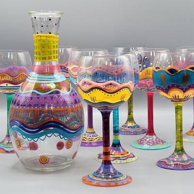 Signed Hopfinger Wine Glasses and Carafe 