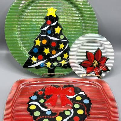 Signed Jan Mitchell Fused Glass Christmas Platters