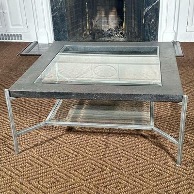 SQUARE COFFEE TABLE | Having metal base with wood top, inlaid glass over smaller second square glass shelf - h. 18 x w. 41.5 x l. 41.5 in.

