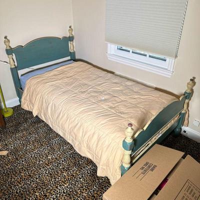 CHILD'S TWIN BED FRAME | Carved wood & blue painted child's twin bed frame - h. 40 x w. 42 x l. 80 in.
