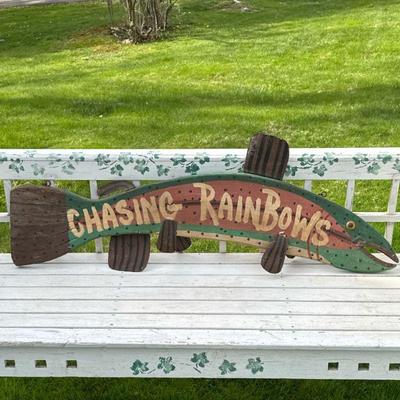 "CHASING RAINBOWS" FOLK ART PAINTED FISH SIGN | A whimsical carved wood and metal painted hanging sign in the form of a trout...
