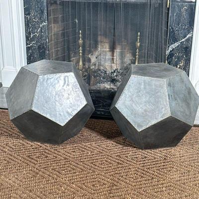 (2pc) PAIR DODECAGON SIDE TABLES | Pair of wood with thin metal cover dodecagon side tables - h. 20 x w. 22 x d. 22 in.
