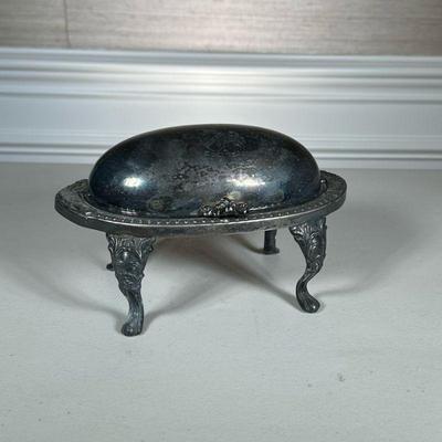 SILVER PLATE LIDDED BUTTER TRAY | Silver plate oval lidded butter tray with glass insert - h. 6 x w. 5 x l. 9 in.
