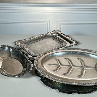 (6pc) SILVER PLATE TRAYS | Mixed lot of various silver plate trays, platters, and bowls - dia. 14 in. (largest)
