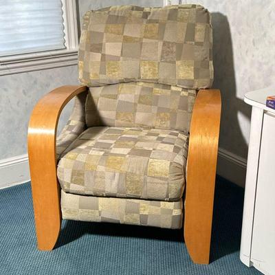 RECLINER | Upholstered recliner with curved wood arm rests - h. 36 x w. 31 x d. 31 in.
