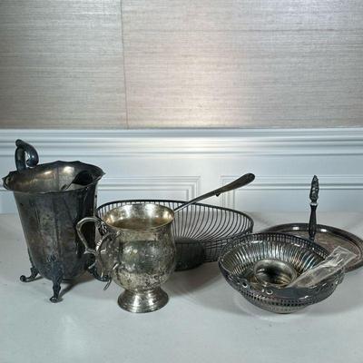 MISC SILVER PLATE ITEMS | Including: pitchers baskets, ladle, and more - h. 3.25 x w. 7.5 x l. 12 in.
