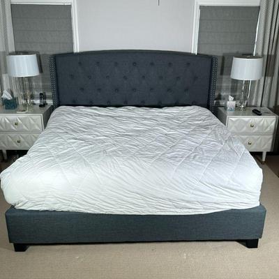 KING BED FRAME | King size upholstered bed frame with riveted border - h. 56 x w. 86 x d. 86 in.
