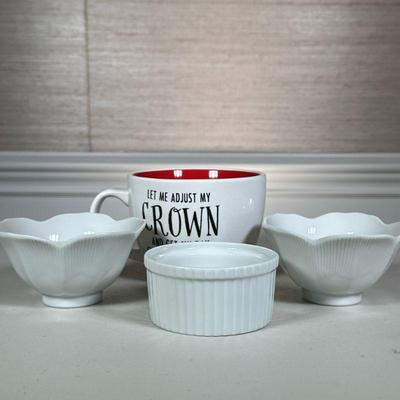(4pc) VARIOUS CUPS/BOWLS | One mug with text, one small ramekin and two small rice bowls
