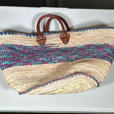 FRENCH WOVEN BAG | Colorful French woven straw bag with leather handles - h. 12 x w. 8 x l. 27 in.
