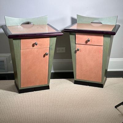 (2pc) PAIR COLORFUL SIDE TABLES | Pair of colorful wooden bedside tables with drawer & lower cabinet - h. 30 x w. 22 x d. 18 in.
