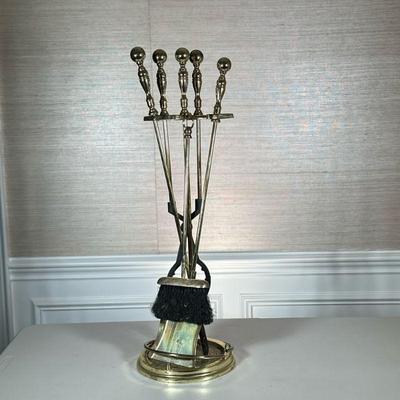 BRASS FIREPLACE TOOLS | Brass fireplace tools including: broom? Shovel, poker - h. 30 x dia. 9.5 in.
