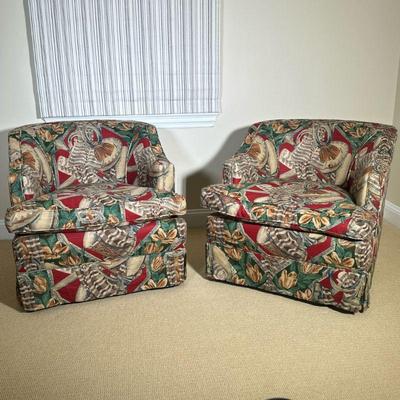 (3pc) CURVED BACK CHAIRS | Colorfully upholstered round back armchairs - h. 28 x w. 29 x d. 30 in.
