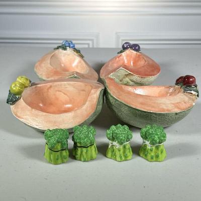 (8pc) CANTALOUPE CERAMICS | Including: 4 cantaloupe form ceramic bowls, and 2 sets of broccoli form salt & pepper shakers - h. 3 x w....