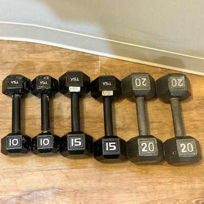 (6pc) FULL METAL DUMBBELLS | 3 pair of full metal dumbbells including: 10lbs, 15lbs, and 20ish
