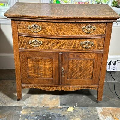 SMALL CABINET | Small wood cabinet with 2 drawers over open cabinet - h. 30 x w. 31 x d. 18 in.
