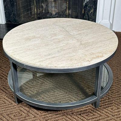 STONE TOP COFFEE TABLE | Round stone too coffee table with lower inlaid glass shelf - h. 19 x dia. 40 in.
