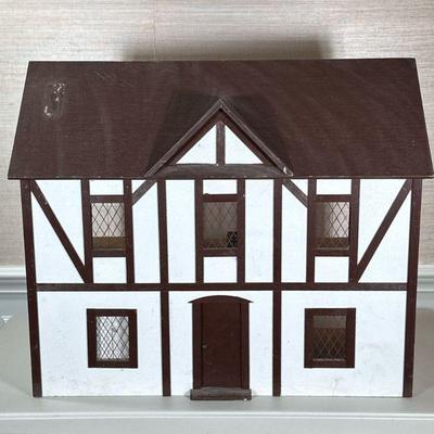DOLLHOUSE & DOLL HOUSE FURNITURE | Large wooden painted dollhouse with large lot of wooden miniature dollhouse furniture & other...
