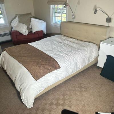 FULL BED FRAME | Tan upholstered full size bed frame with cushioned headboard - h. 36.5 x w. 66 x l. 91 in.
