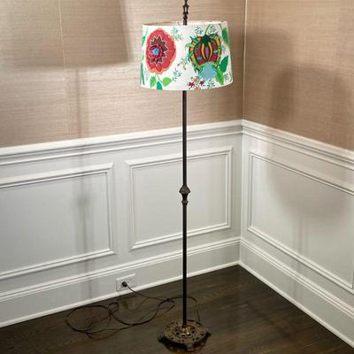 BRASS FLOOR LAMP | With colorful stitched lamp shade - h. 65 x dia. 14.5 in. (with shade)

