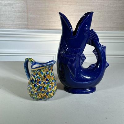 (2pc) CERAMIC PITCHERS | Including: blue glazed fish pitcher marked on bottom, and ceramic creamer marked on bottom "Spain" -...
