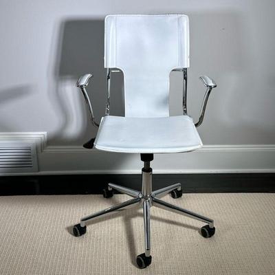 WHITE LEATHER OFFICE CHAIR | White leather rolling office armchair - h. 38 x w. 23 x d. 19 in.
