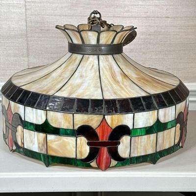 COLORFUL SLAG GLASS HANGING LAMP | Colorful slag glass hanging lamp with Fleur-de-lis design - h. 16.5 x w. 24 in.
