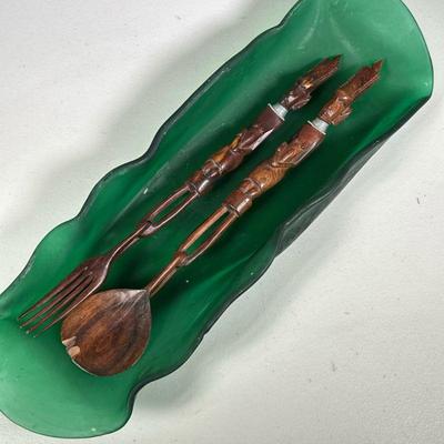 (3pc) LARGE WOODEN SPOON AND FORK | Includes bowl - w. 6 x l. 19 in.
