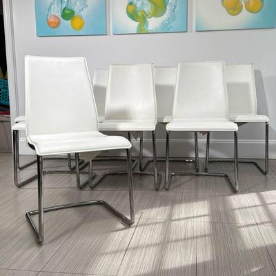 (8pc) CALLIGARIS WHITE LEATHER & CHROME CHAIRS | Mid century modern / post modern side dining chairs with white leather wrapped seats...