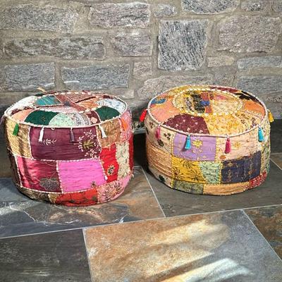 (2pc) COLORFUL OTTOMAN PILLOWS | Colorfully upholstered ottoman pillows with seashells and beads - h. 13 x dia. 20 in.
