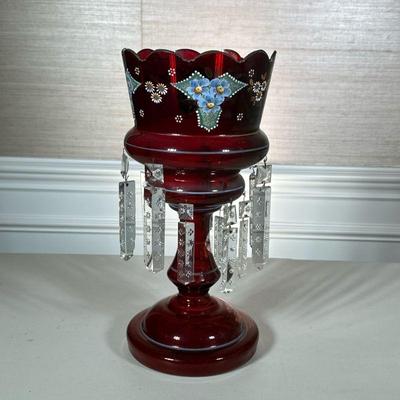 CRANBERRY GLASS VASE | Cranberry glass vase with with jut crystal drops and painted flowers - h. 14.5 x dia. 6.5 in.
