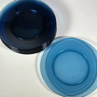 (8pc) BLUE GLASS PLATES | Set of 8 blue glass plates - dia. 10 in.
