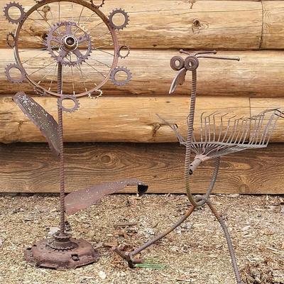 Metal Bird and Flower Yard Art Sculptures