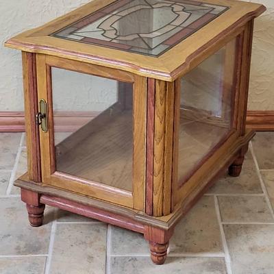 Stained Glass and Oak Curio End Table 