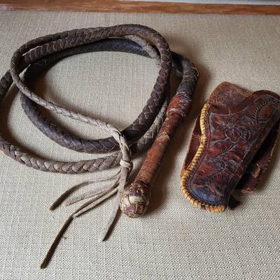 Tooled Leather Holster and Whip