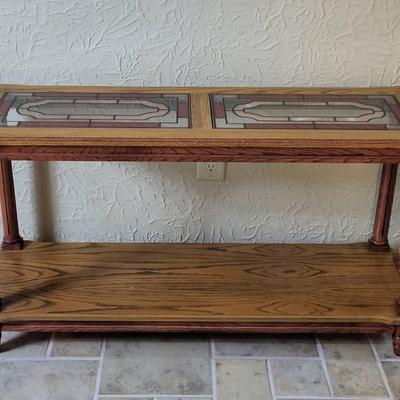 Stained Glass and Oak Console Table